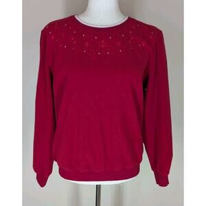Women’s S ALFRED DUNNER Red Fleece Crew Neck Sweatshirt Rhinestones Stars Hearts